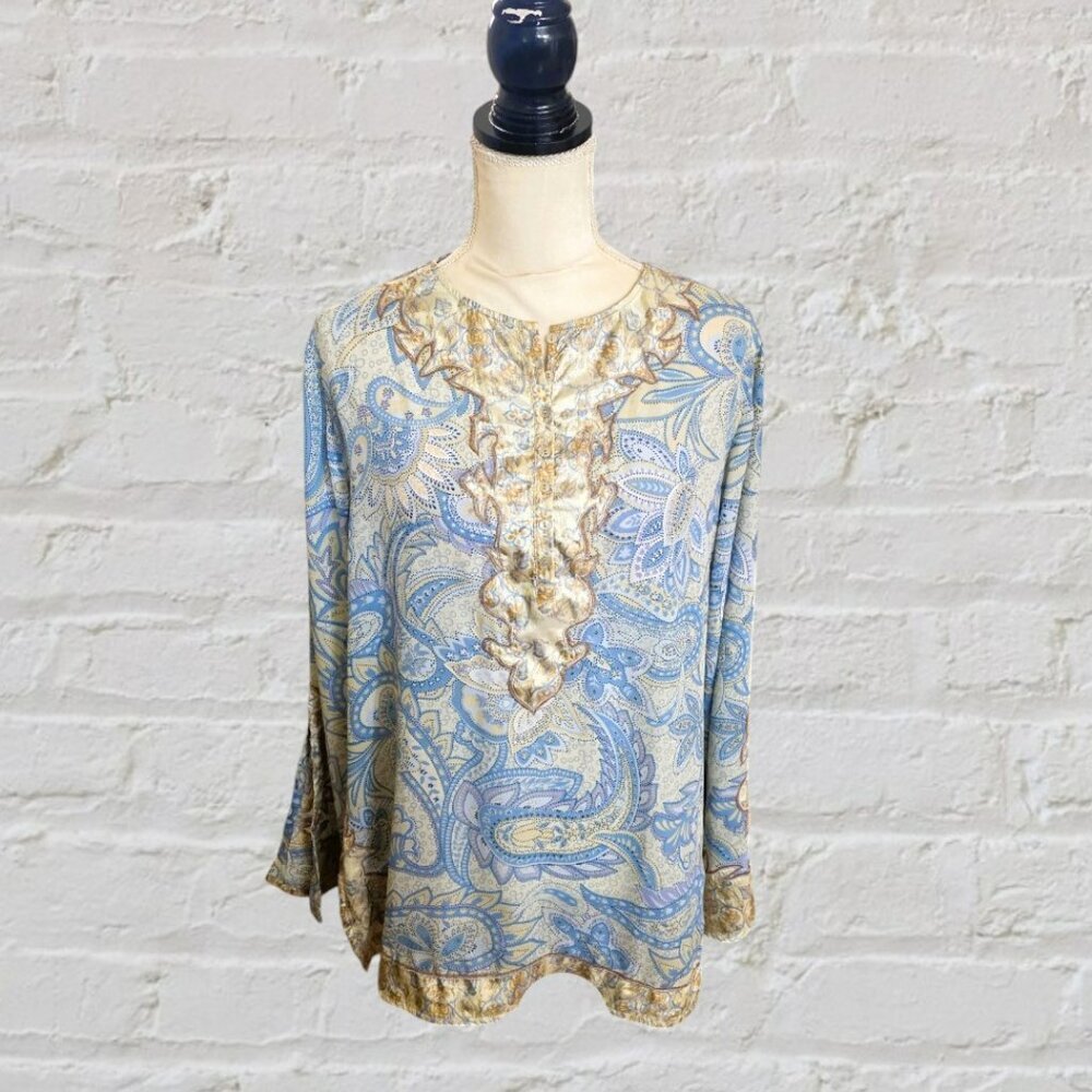 Brownstone Studio Blue &‎ Tan Paisley Designed Long Sleeve Elegant Tunic Blouse